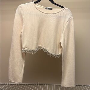 Zara Cream Cropped Embellished Sweatshirt